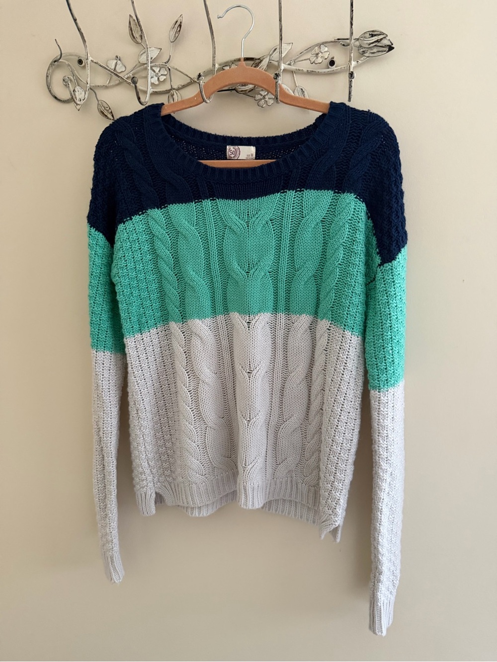 SO Colorblock Cable Knit Sweater - Navy, Mint & Light Gray